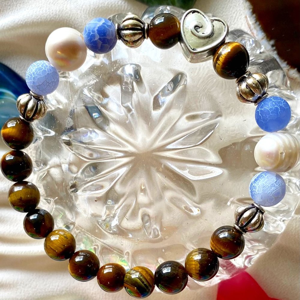 Tigers Eye, Fresh Water Pearls and Sodalite Precious Stone Bracelet